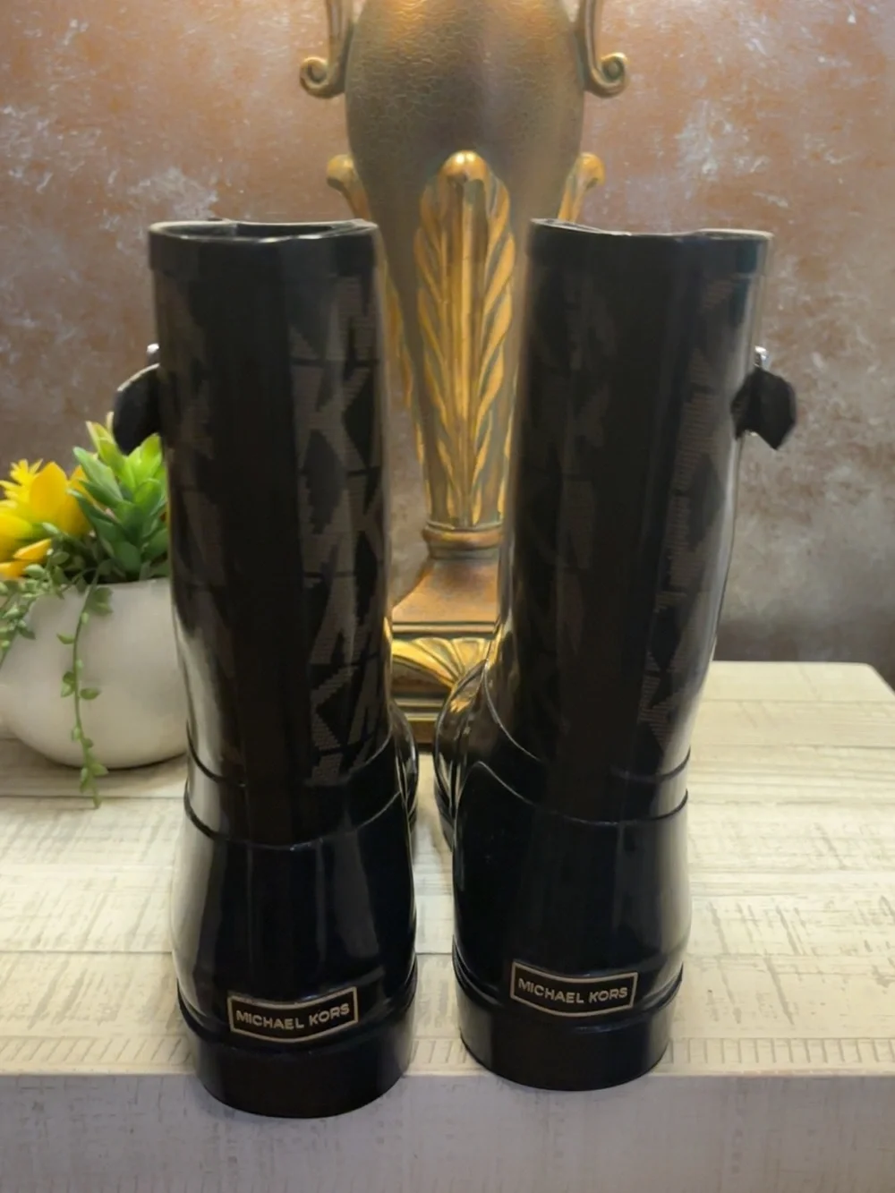 Like New ~ Michael Kors Black and Brown Monogram Rain Boots ~ Size 10